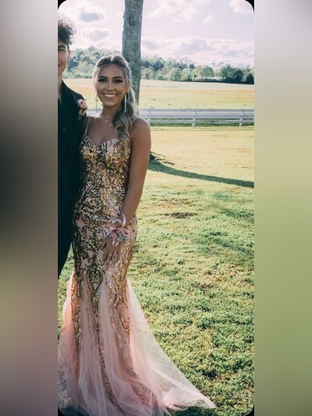 JVN by Jovani Blush Pink and Gold Sequin Mermaid Prom Dress